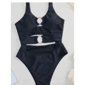Amazon black new one piece Cut outs gold circles medium swimsuit bathing suit